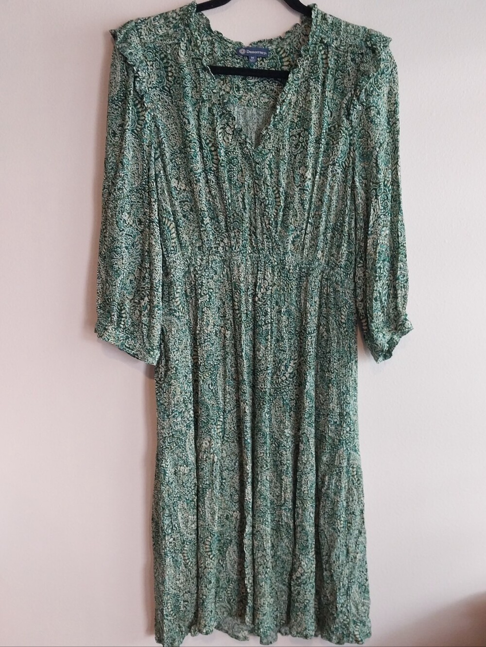 Democracy Green & Cream Paisley Floral  Ruffle Trim Boho Peasant Sleeve Dress